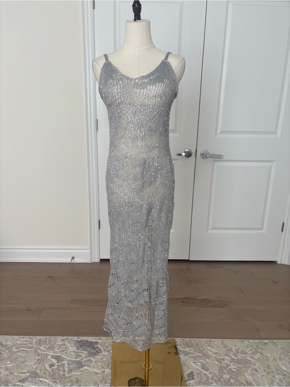 ZARA Silver Sequin Metallic Knit Midi Dress Size S - Picture 5 of 7